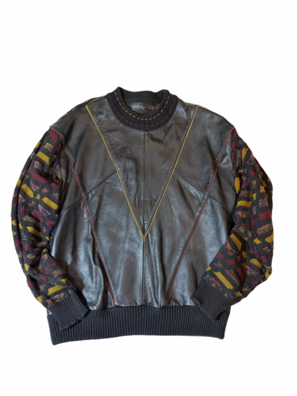 Saxony Leather Sweater Jacket L Vintage 90s Coogi Style Abstract Knit